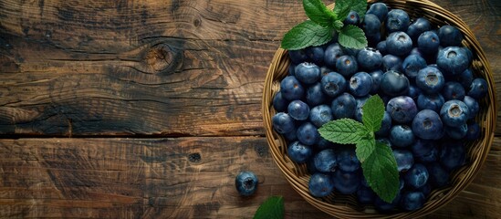 Poster - A flat lay photo showing ripe blueberries in a wicker bowl on a rustic wooden table, illustrating a concept of healthy nutrition and vitamins, with space for text or images. copy space available