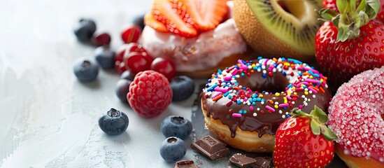 Poster - Display of colorful fruit and decadent chocolate donuts with copy space image.