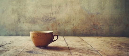 Aufkleber - An image with a vintage tone showing an empty coffee cup on a wooden table, with an unobstructed area for text or graphics. copy space available