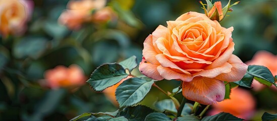 Poster - An orange rose blooms beautifully in a garden setting, ideal for a copy space image.