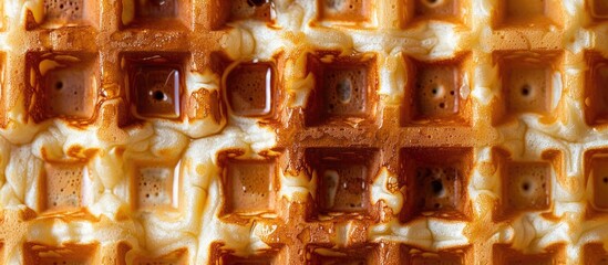 Poster - A waffle is created by cooking leavened batter or dough in a patterned press to form its distinctive shape and texture, ideal for a copy space image.
