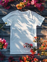 Canvas Print - White T-Shirt Mockup with Flowers on Wooden Background