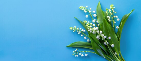 Poster - Lilies of the valley bouquet on blue backdrop with white flyer, offering copy space image for notes and messages.