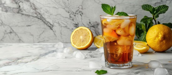 Aufkleber - Marble table with a glass of iced tea garnished with mint and lemon, representing a refreshing cold drink, surrounded by ample copy space image.