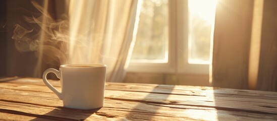 Aufkleber - Morning sunlight illuminates a white mug of hot coffee on a wooden table with a curtain in the background, creating a tranquil copy space image.