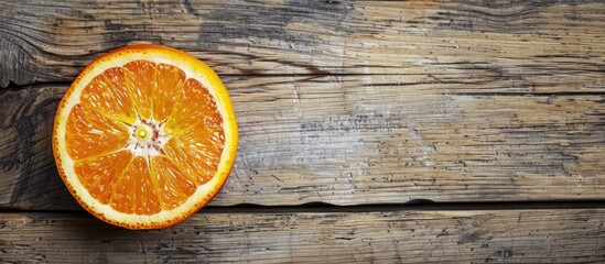 Poster - Split orange on a wooden surface with copy space image.