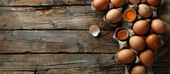 Poster - A bird's-eye view of chicken eggs placed on a rustic wooden kitchen table with ample copy space image.