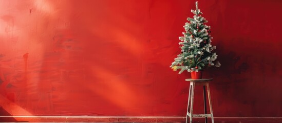 Poster - A miniature Christmas tree sits on a stool against a vibrant red wall, offering a festive and cozy ambiance in the room with copy space image.