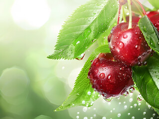 Ripe juicy cherries in droplets of water with green leaves. Neural network AI generated art