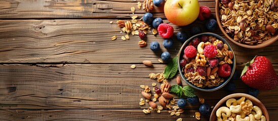 Poster - Granola with nuts and fruits displayed on wooden table from above, with ample copy space image.