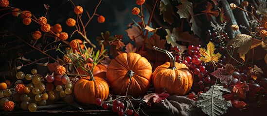 Poster - Autumn-themed setup with pumpkins, dark hues, and fall elements like leaves and fruits, perfect for a copy space image.