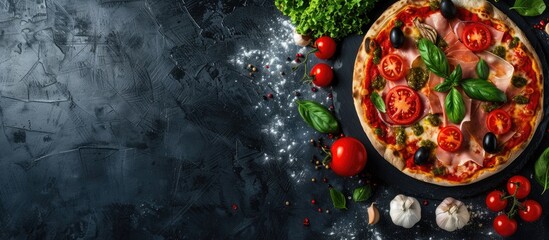 Poster - Italian pizza featuring Mozzarella, Ham, Tomatoes, pepper, Spices, and Fresh greens on a black background with a copy space image, viewed from the top for a banner display.
