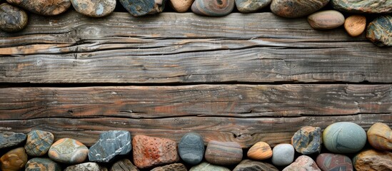 Poster - Wooden background with sea stones creating a frame, ideal for a copy space image.