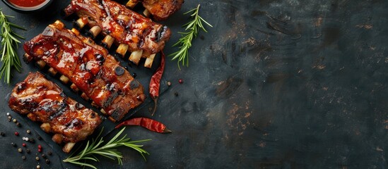 Aufkleber - A food concept featuring succulent grilled pork ribs basted in a smoky sauce, adorned with aromatic spices and fresh rosemary, set against a background with ample copy space image.