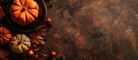 Poster - Thanksgiving-themed setup with pumpkins, leaves, and decor on a textured table in a top-down view, offering ample space for text in the image.