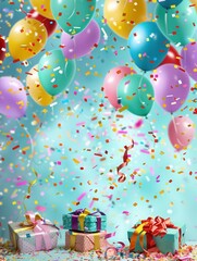 Poster - A festive backdrop for a childrens birthday party, featuring bright balloons, confetti, and gifts. Generative AI