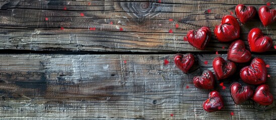 Aufkleber - Valentine's Day red hearts on a wooden background, perfect for a celebratory copy space image.
