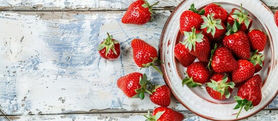 Aufkleber - A stylish plate with delicious fresh strawberries atop a white wooden backdrop, captured from above with a copy space image.