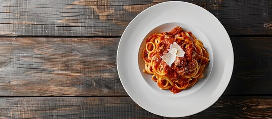 Poster - Beef pasta in napoli sauce served on a white plate with a wooden table backdrop in a copy space image.