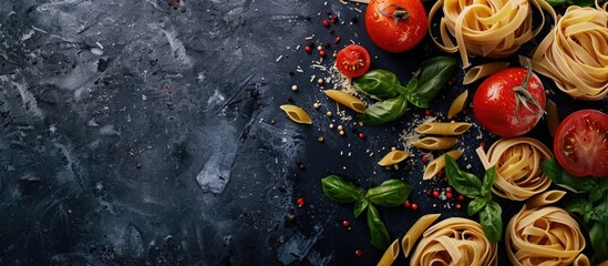 Various types of raw pasta displayed on a dark backdrop, embodying an Italian culinary theme with food ingredients, viewed from the top, accompanied by ample copy space image.