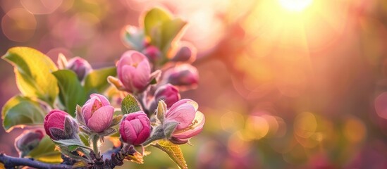 Aufkleber - Apple tree buds in close-up during a spring sunset in a blooming orchard, with a blurred background offering copy space image.