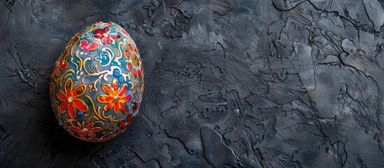 Poster - Easter egg-shaped handmade magnet on dark gray concrete with Ukrainian symbols for a holiday card with available copy space image.