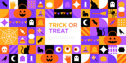 Wall Mural - Happy halloween geometric mosaic web template illustration. Modern flat october holiday cartoon icon background, fun costume party online invitation. Spooky internet event banner. 