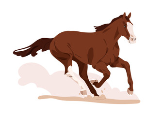 Poster - Horse, stallion galloping, running, rushing, racing at fast speed. Beautiful stallion in action, motion with dust puff. Equine endurance. Flat vector illustration isolated on white background