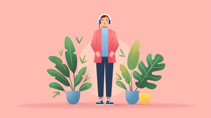 A cartoon illustration of a person wearing headphones and standing between two potted plants.