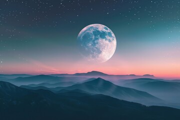 Wall Mural - The moon rising over a mountain range, with a softly blurred background of a twilight sky and stars. 