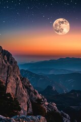 Wall Mural - The moon rising over a mountain range, with a softly blurred background of a twilight sky and stars. 