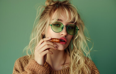 Wall Mural - a happy young blonde girl with glasses in a green sweater eating a sausage on a light green background