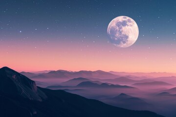 Wall Mural - The moon rising over a mountain range, with a softly blurred background of a twilight sky and stars. 