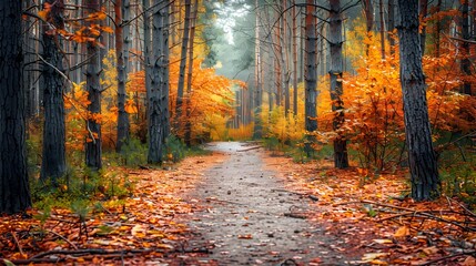 Wall Mural - Scenic Autumn Trail Through Vibrant Forest Landscape with Inviting Picturesque Path