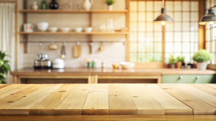 Empty wooden table in front of blurred japan kitchen  background