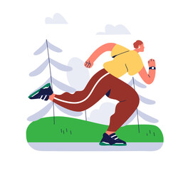 Poster - Running man in park. Male runner training with earbuds, sprinting, jogging. Active cardio endurance workout in nature. Jogger in nature. Flat vector illustration isolated on white background