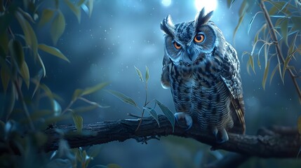 Sticker - Elegant Owl Perched on Tree Branch in Moonlit Night with Sharp Eyes and Detailed Feathers