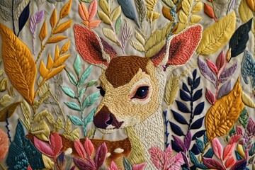 Wall Mural - Embroidery with deer in colorful foliage textile pattern craft.