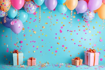 Poster - A festive backdrop for a childs birthday party with bright balloons, confetti, and presents. Perfect for photo studios, event planning agencies, and childrens stores. Generative AI