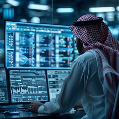 Arab Man Monitoring Data on Computer Screen