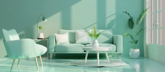 Wall Mural - Comfortable armchair and sofa in a mint-themed living room interior.