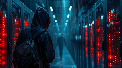 Poster - hacker breaching secure server room with vibrant lights and shadows intense cybercrime concept