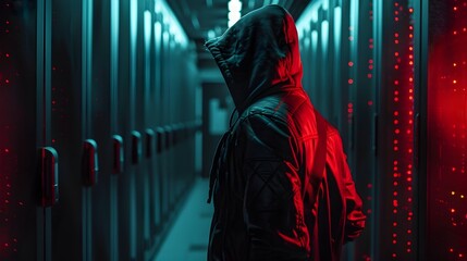 Poster - hacker breaching secure server room with vibrant lighting and shadows cybersecurity threat concept