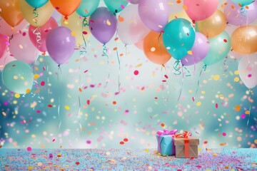 Poster - A vibrant backdrop featuring colorful balloons, confetti, and presents, perfect for a childs birthday party. Generative AI