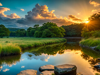 Wall Mural - sunset over lake