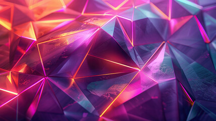 Wall Mural - Neon triangles abstract technology background with golden highlights. Geometric low poly banner design. Generated by artificial intelligence