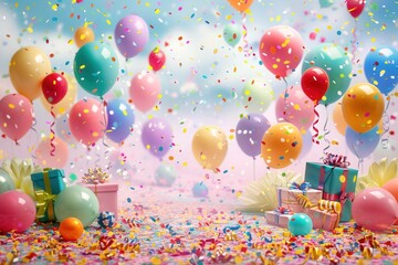 Poster - A festive scene with bright balloons, confetti, and presents, perfect for a childrens birthday party. Generative AI
