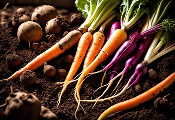 vibrant harvested root vegetables covered soil, carrot, beet, potato, turnip, dirt, fresh, organic, gardening, farming, produce, natural, earthy, healthy