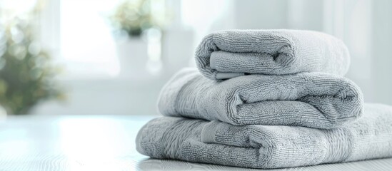 Wall Mural - Clean soft towels stacked on a blurry surface