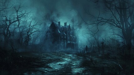 Wall Mural - Haunted House in Foggy Forest. Spooky and Eerie Illustration